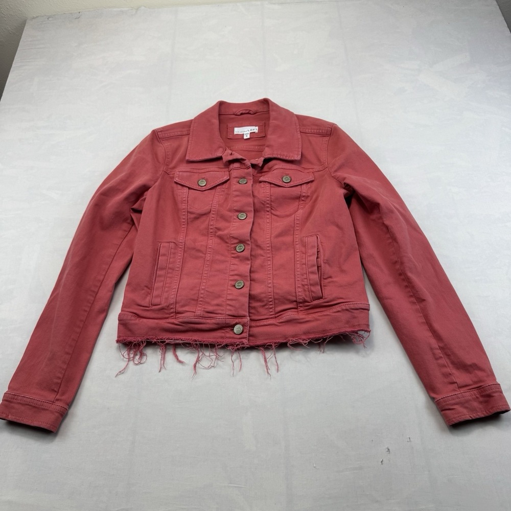 LOFT Womens S Coral Pink Denim Trucker Jacket Raw Frayed Hem